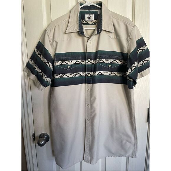 Corral West Ranch 1990s Wear Mens Beige Aztec Button-Up Short Sleeve Shirt Size - Picture 10 of 16